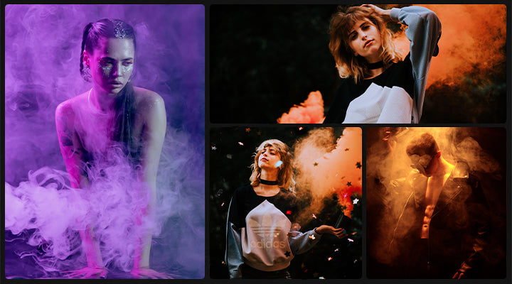 GVM CineFlare GF5 handheld fog machine creating colored smoke atmosphere in photo shoots