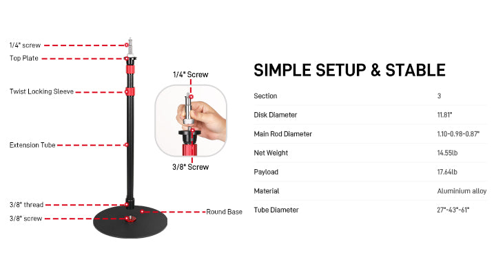 Structure of the YB2L155 light stand — twist locking sleeve, extension tube, 3/8-inch and 1/4-inch screws