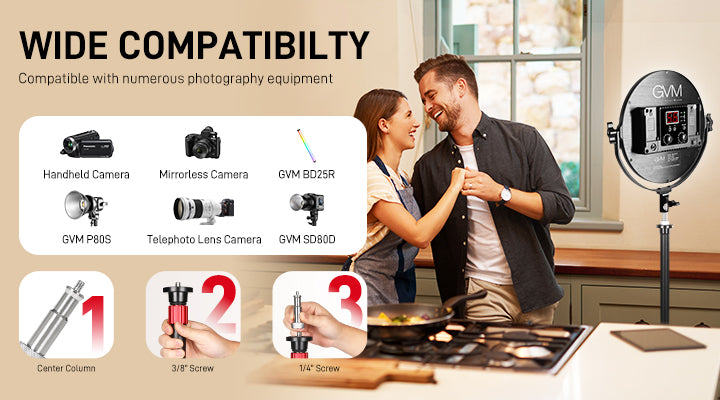 GVM YB2L155 light stand compatible with LED panels, COB lights, mirrorless cameras, and GVM BD25R