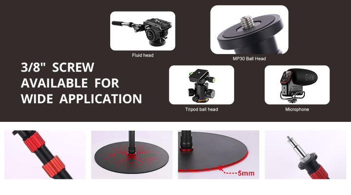 GVM YB2L200 light stand 3/8 inch screw and 5/8 inch spigot for fluid heads, ball heads, microphones and LED lights