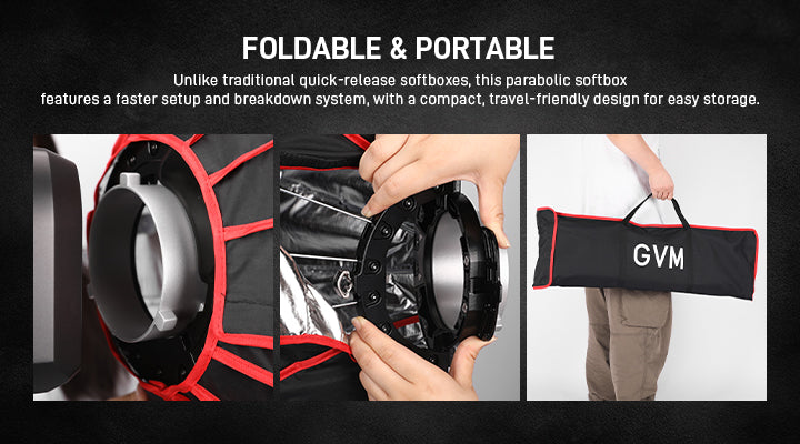 GVM ZYG90SPR parabolic softbox folded flat with carry bag for travel