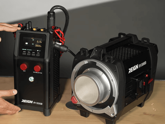 Cinematographer using GVM REIGN R1200B 1200W professional film lights to create cinematic lighting film effects in a studio.