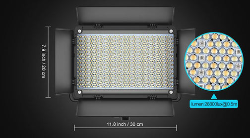 Full view of an LED panel light for photography with detailed size dimensions and 28800 Lux brightness specification overlay.