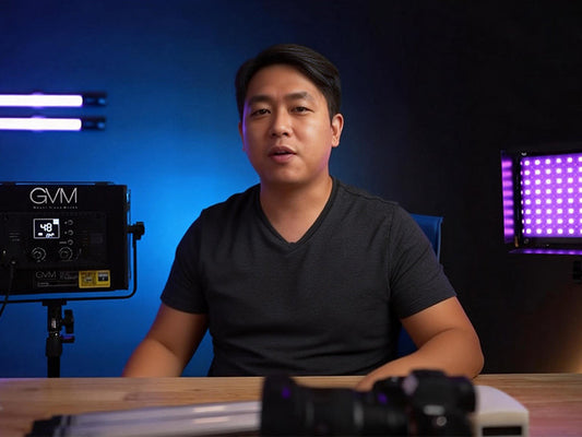 A split-screen image showing a traditional softbox setup with a model on the left, contrasted with a close-up of the GVM 1000D RGB led video light emitting purple light on the right.
