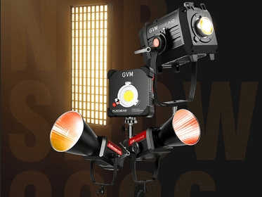 A composite image showcasing GVM professional video lights, including the 1200B AIO COB light, the FlatHead modular panel, and two SD series lights with reflectors, against a background labeled NAB SHOW 2026. 