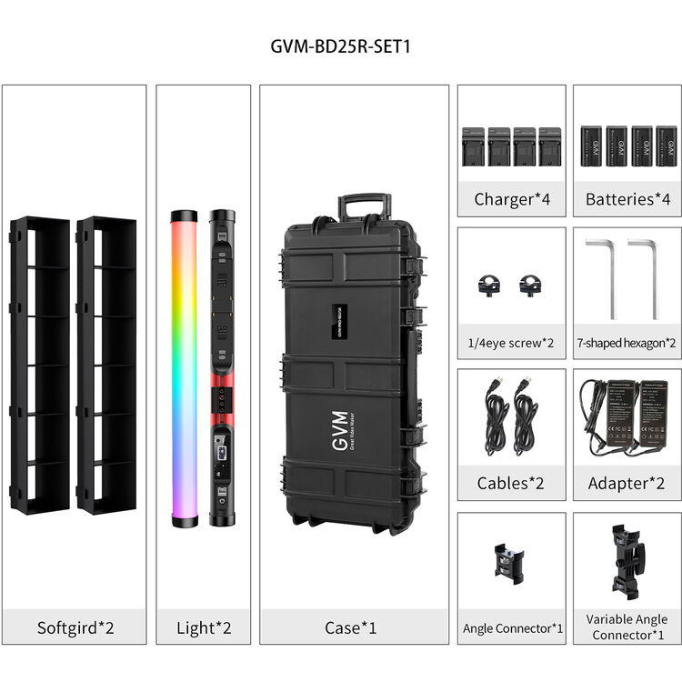 GVM RGB Tube Light with Softbox, 2 Packs 25W Handheld Wand Light, 24" Full Color LED Tube Light, 2700-10000K Stick Light with APP/DMX Control, 12 Scene Effects, MESH Networking Control Led Video Light - GVM