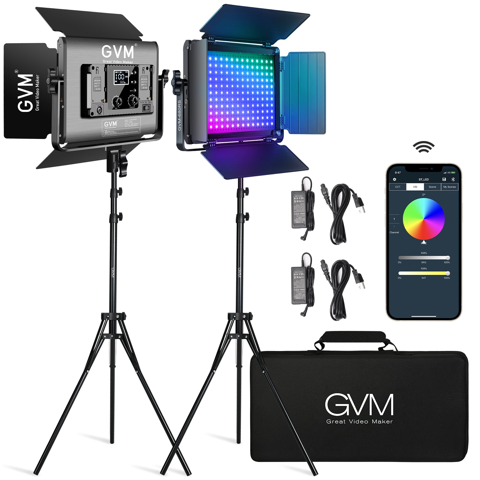 GVM RGB LED Video Light with Lighting Kits, 680RS 50W Led Panel Light with Bluetooth Control, 2 Packs Photography Lighting for YouTube Studio, Video Shooting, Gaming, Streaming, Conference - GVM
