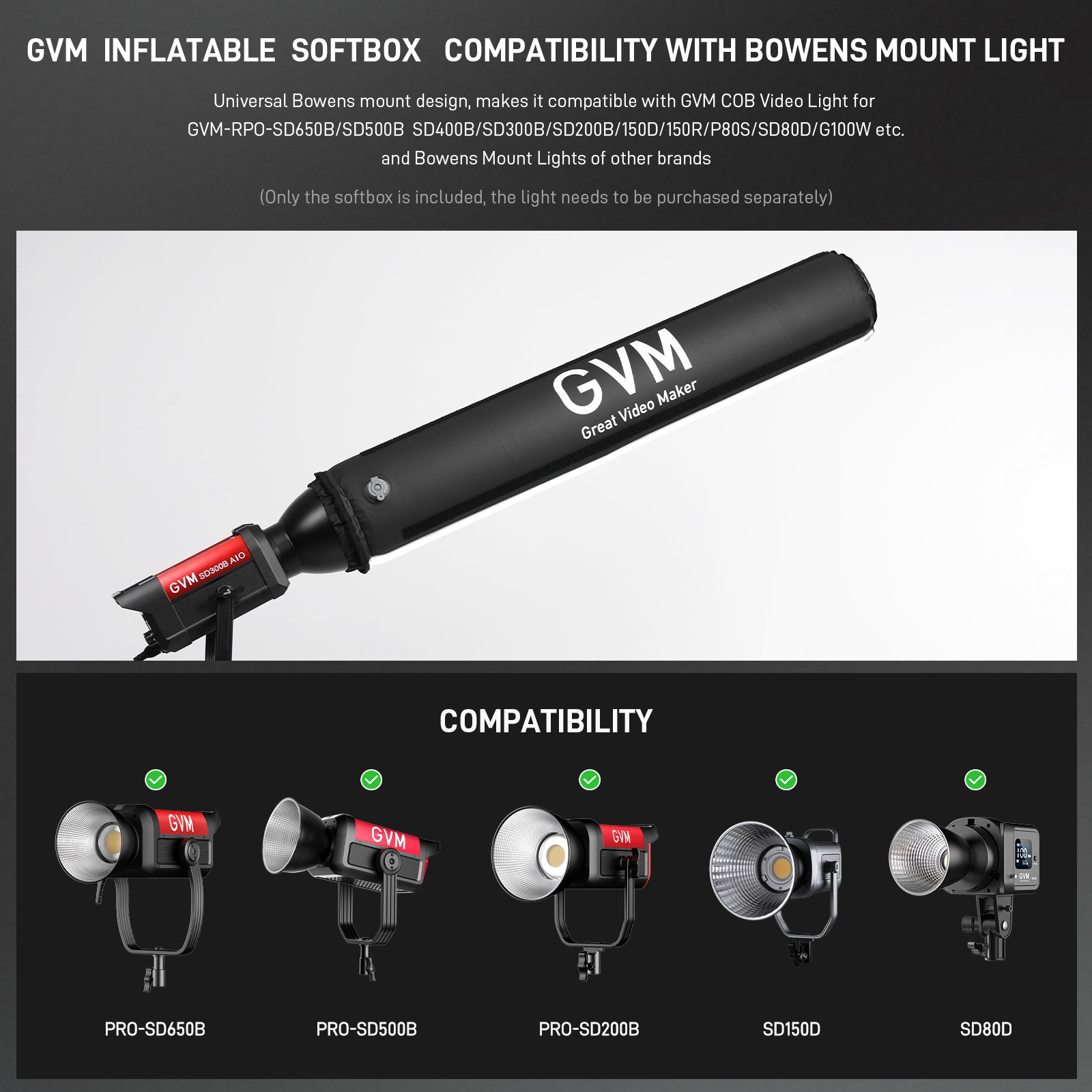 GVM 43"/110cm Inflatable Foldable Air Softbox, Portable Terete Shape Soft Box, Compatible with GVM 200B/ 300B/ 500B /650B and Other Bowens Mount Light for Recording, Portraits - GVM