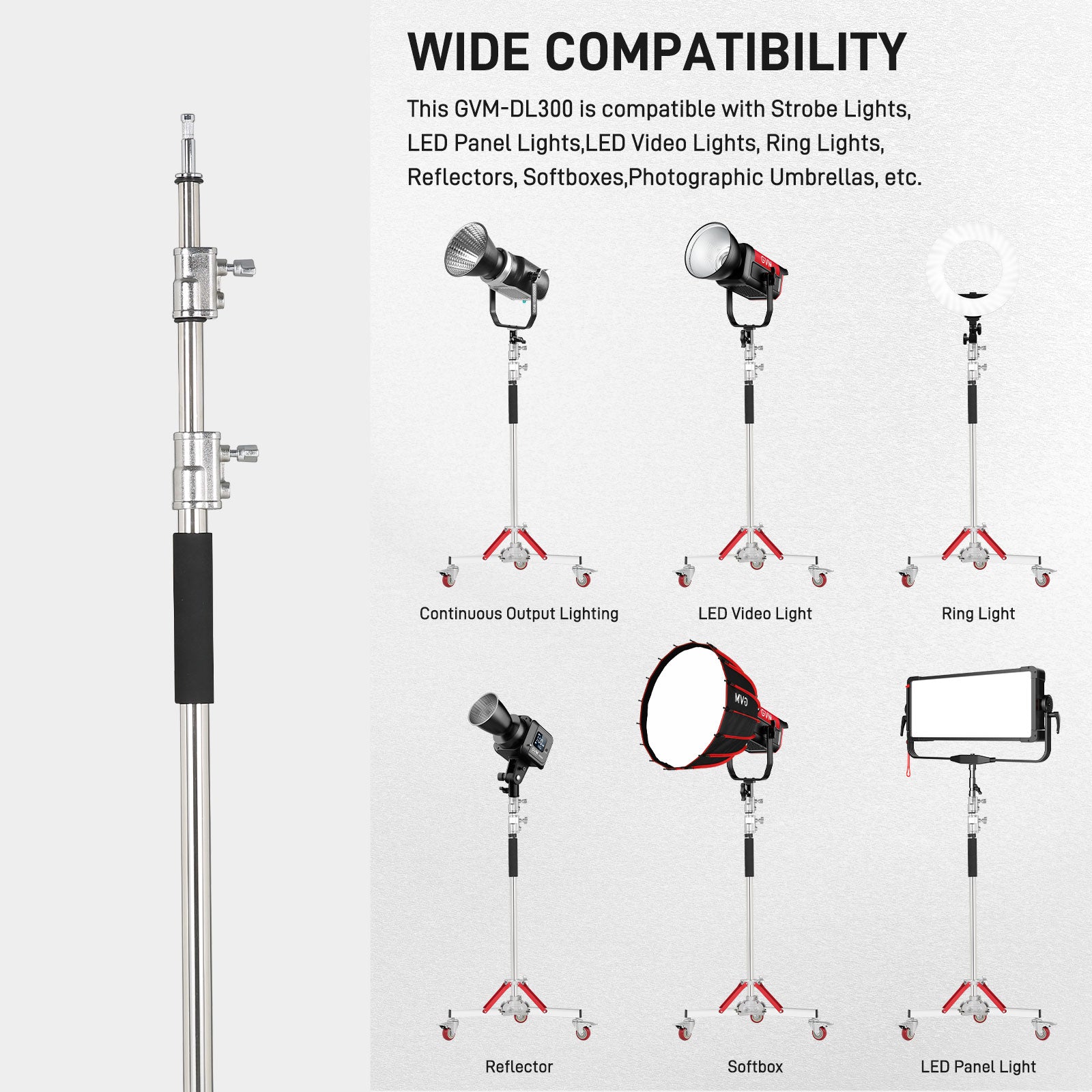 GVM DL300  Professional Rolling Light Stand - Stainless Steel & Aluminum Alloy with Locking Casters for Studio/Outdoor Photography/Videography(118‘’) - GVM