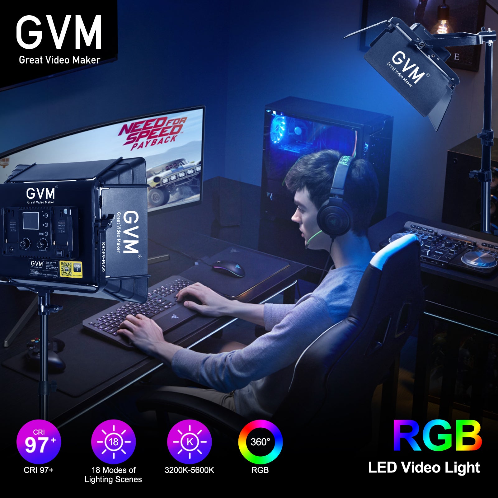 GVM RGB LEDビデオライト（照明キット付き）、880RS 60W LEDパネル