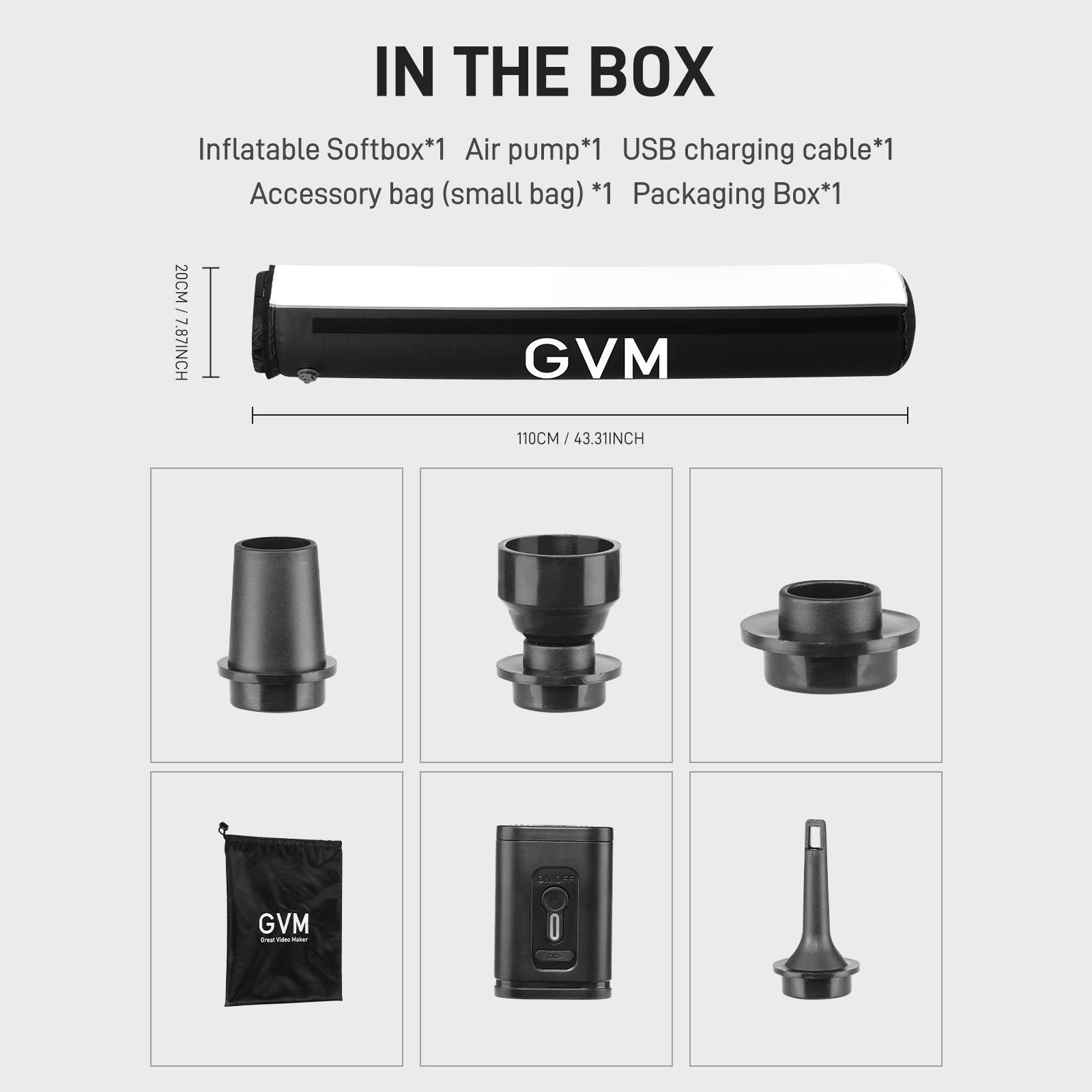 GVM 43"/110cm Inflatable Foldable Air Softbox, Portable Terete Shape Soft Box, Compatible with GVM 200B/ 300B/ 500B /650B and Other Bowens Mount Light for Recording, Portraits - GVM