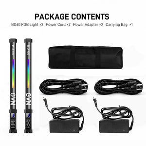 GVM-BD60 RGB LEDライトスティック（2本セット）– アプリ操作対応のハンディRGBチューブライト、3200K–5600K、CRI 97+