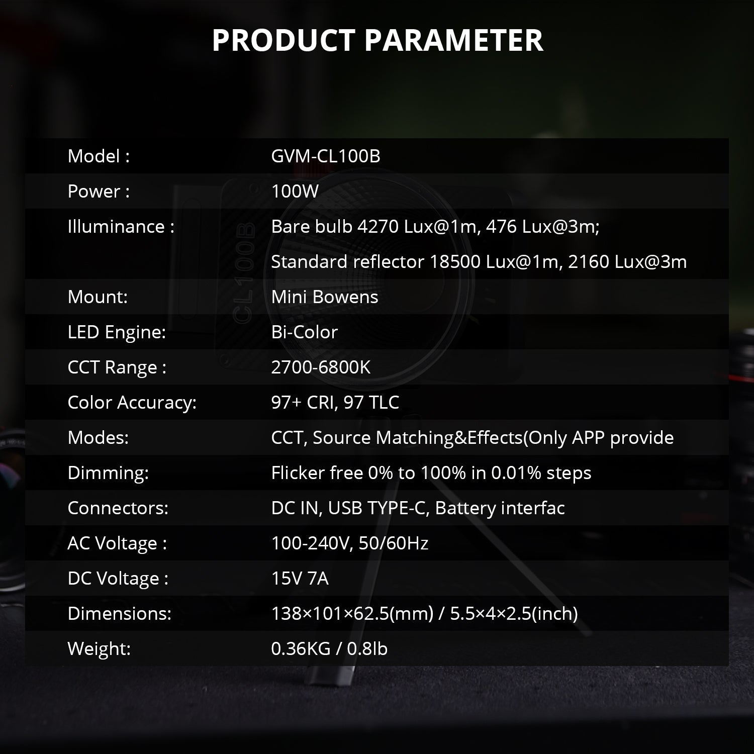 GVM 100W LED Video Light,Professional Photography Lighting Portable Continuous Output Lighting 2700K~6800K,18500 lux@1m with Standard Reflector for Studio Photography - GVM