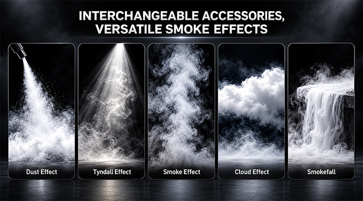 Five smoke effects from GVM GF5: dust, Tyndall, smoke, cloud and smokefall