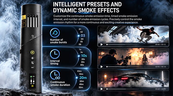 GVM GF5 intelligent presets: burst count, interval timing and continuous smoke duration