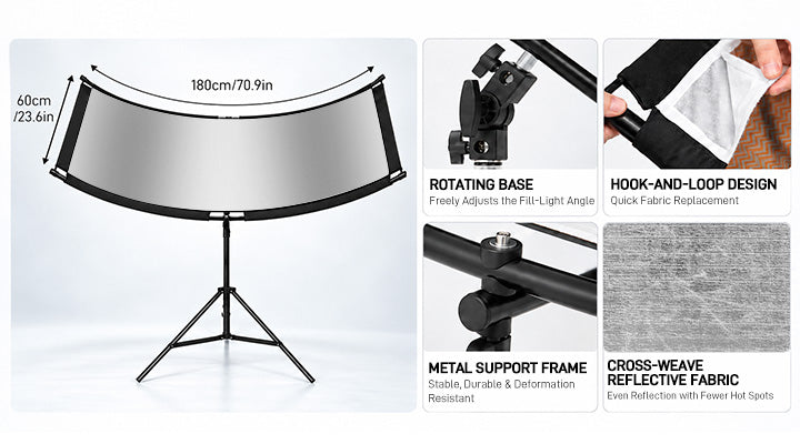 GVM R4DJ 180cm curved reflector dimensions with metal frame, rotating base and hook-and-loop fabric
