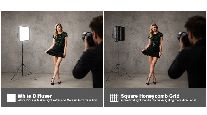 Dual Light Shaping Options: Diffuser & Grid