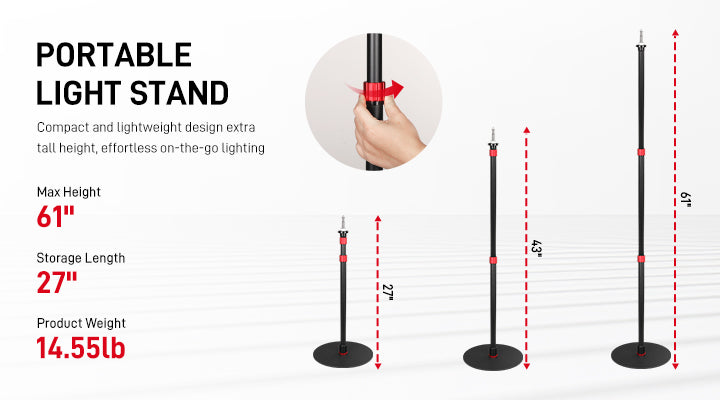 YB2L155 portable light stand folded to 27 inches and extended to 61 inches