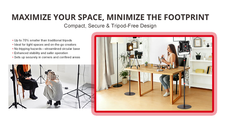 GVM YB2L200 round base light stand takes up to 70 percent less floor space than a tripod in a home studio