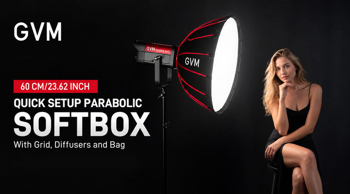 GVM ZYG60SPR 24 inch quick release parabolic softbox in a portrait lighting setup