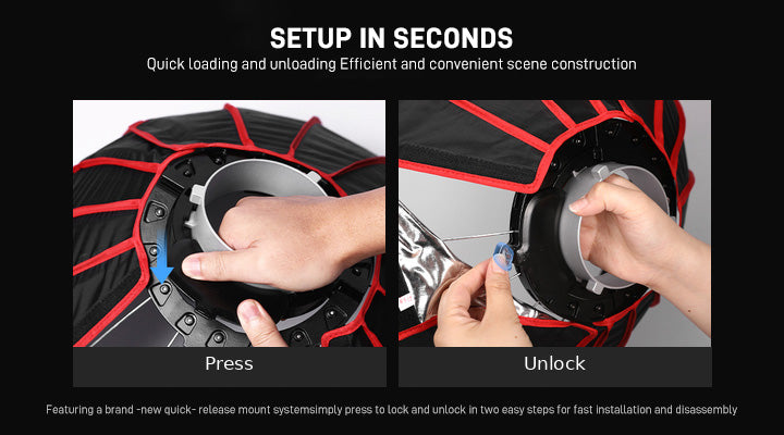 Press to lock and unlock mount system of GVM ZYG60SPR parabolic softbox