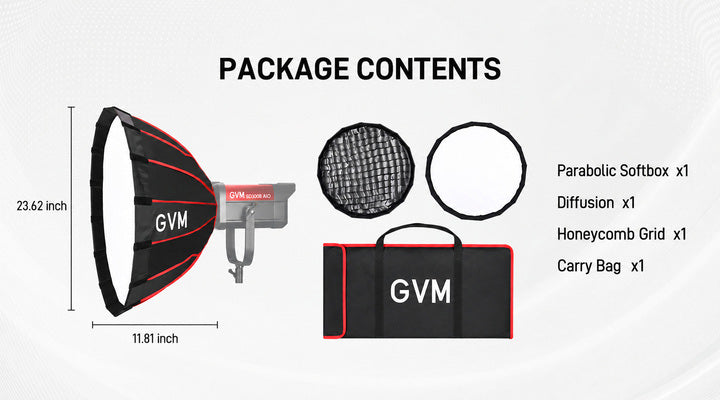 Package contents of GVM ZYG60SPR: softbox, diffusion, honeycomb grid and carry bag