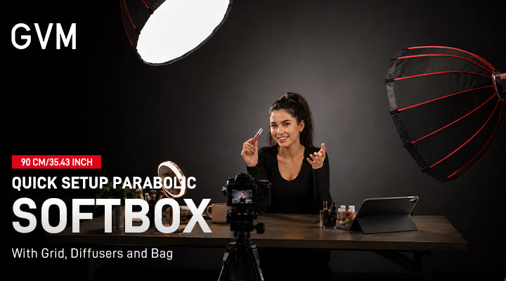 GVM ZYG90SPR 36 inch quick release parabolic softbox in a beauty lighting setup