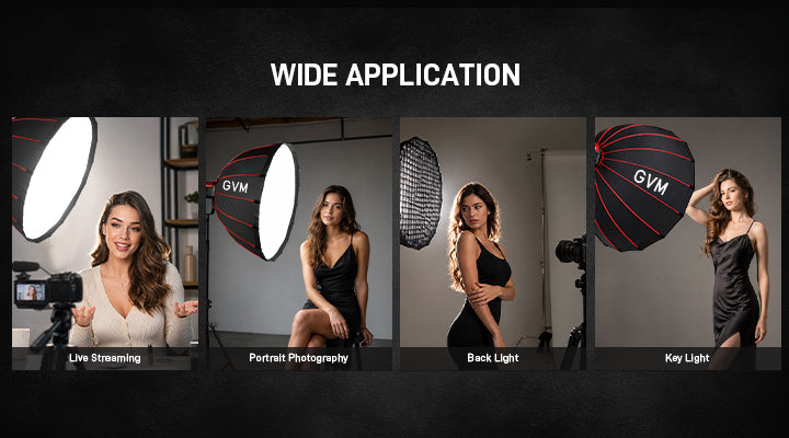 GVM ZYG90SPR parabolic softbox used as key light, back light and for live streaming