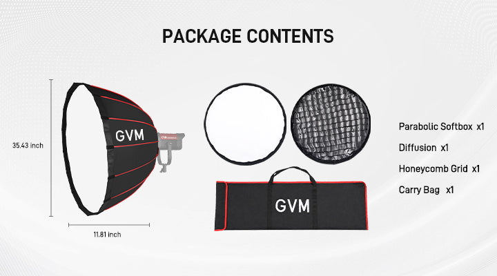 Package contents of GVM ZYG90SPR: softbox, diffusion, honeycomb grid and carry bag