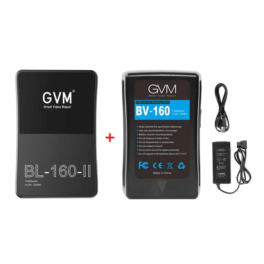 GVM BV-160 & BL-160-II V-Mount Battery Bundle | 154Wh/150Wh Lithium-ion V-Lock Batteries with D-Tap & DC Outputs for Video Cameras and LED Studio Lights