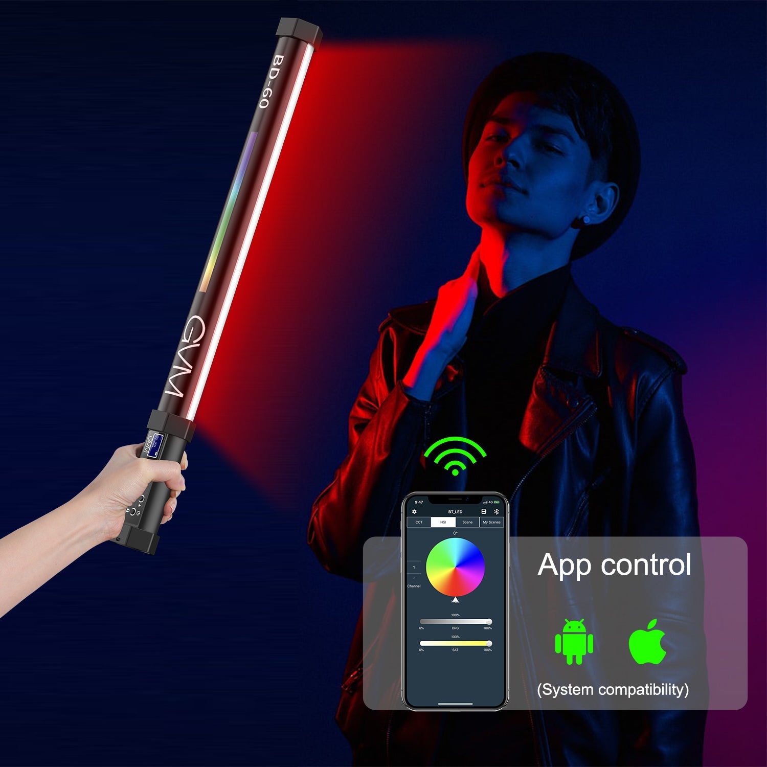 GVM BD60D RGB Handheld LED Video Light Wand Stick Photography Light, Built-in Rechargable Battery,OLED Display Photography Studio Lighting - GVMLED